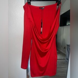 Red Draped one Sleeve Dress